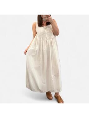 Vintage White Cotton Prairie Maxi Dress Cottagecore Smocked